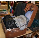 Travel trunk enclosing Victorian and later costume including a brown silk Victorian jacket, skirt