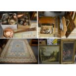 A quantity of 19th century and later copper and silver plate, a coat rack, a drift wood hall mirror,