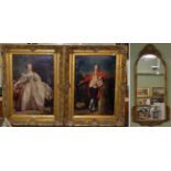 A pair of portraits of a lady and gentleman, over painted prints, in gilt frames together with a