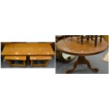 A burr walnut pedestal table (a.f.) together with a nest of three modern oak tables