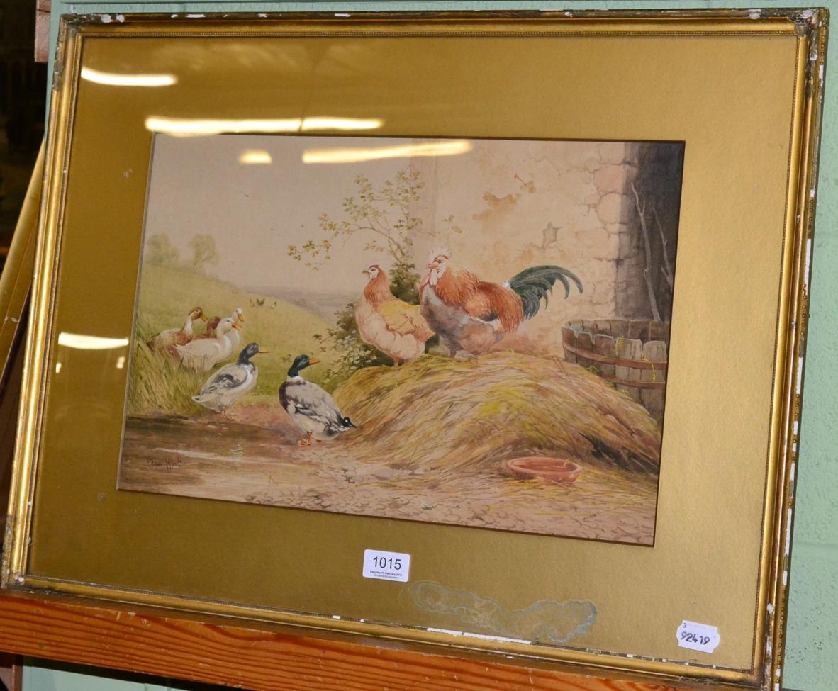 A watercolour of ducks and hens, signed