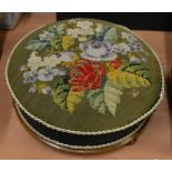 Mahogany framed circular footstool with wool work top