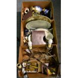 Three boxes including a six light metal chandelier, a sword, binoculars, household china and glass
