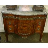 A 20th century French transitional style commode, walnut and marble topped, with marquetry