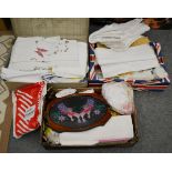 Assorted white linen and textiles, trimmings, bedspread etc (two boxes and a suitcase)