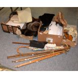 Assorted white table linen, napkins, blue embroidered cloths; various 1940s handbags, compact, fox