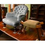 Victorian ebonised oak framed button back chair; pricket candle stand; and oak framed stool (3)