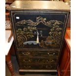 A 20th century ebonised and gilt decorated linen chest, decorated with Oriental figures and a