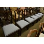 Six mahogany dining chairs All chairs have been re-stained and signs of repairs to the backs,