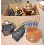 Assorted flat irons; copper kettle and tea urn; school bell etc