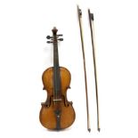 Violin 14.25'' two piece back, ebony pegs, probably German, cased with two bows
