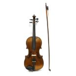 Violin 14.25'' two piece back, ebony pegs and fingerboard, with label 'Joseph Guarnerius Facit