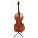 Cello 29.75'' two piece back, believed to be German, ebony fingerboard and tailpiece, width of upper