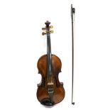 Violin 14.25'' two piece back, no label, ebony fingerboard and tailpiece, boxwood pegs, in case with