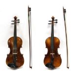 Violin child size 13 1/8'' two piece back Made in West Germany, cased; together with another