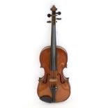 Violin 14.25'' two piece back, ebony fingerboard and tailpiece, no label, with black painted