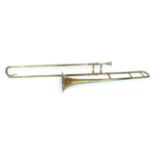 Hawkes & Son Class A Small Bore Trombone in bare brass and has floral detail on ferrules and braces,