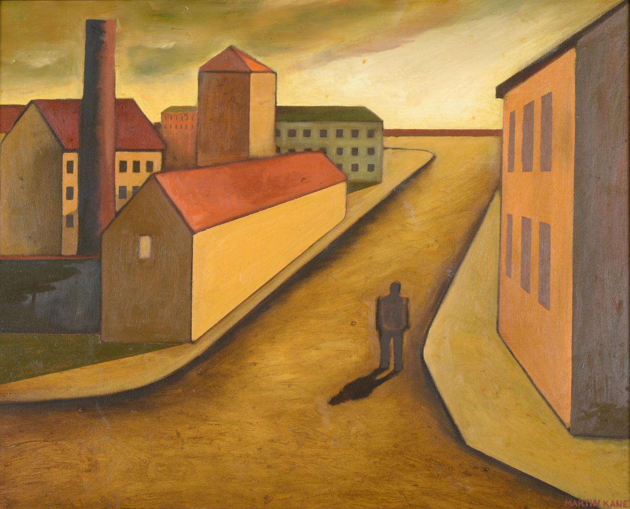 Martin Kane (b.1958) Scottish Lone figure on a Glasgow Street Signed, oil on canvas, 59cm by 75cm