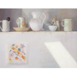 *Marcos (Contemporary) Spanish Still of assorted ceramic vessels and jugs on a ledge Signed, oil