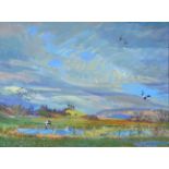 Piers Browne (b.1949) ''Spring Birds in Flood Water, Wensleydale'' Signed verso, inscribed verso and