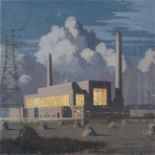 Norman Wilkinson (1878-1971) Power station with corn stoops in the foreground Signed, indistinctly