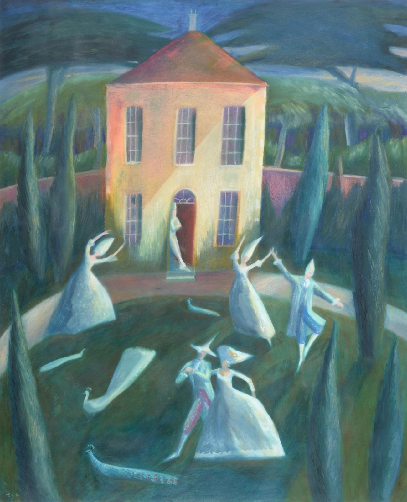 Emma Chichester Clark (b.1955) Figures dancing in a topiary garden with peacocks before a country