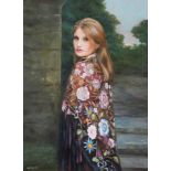 John Blakey (b.1952) Portrait of a young lady, three quarter length, wearing a pink floral shawl