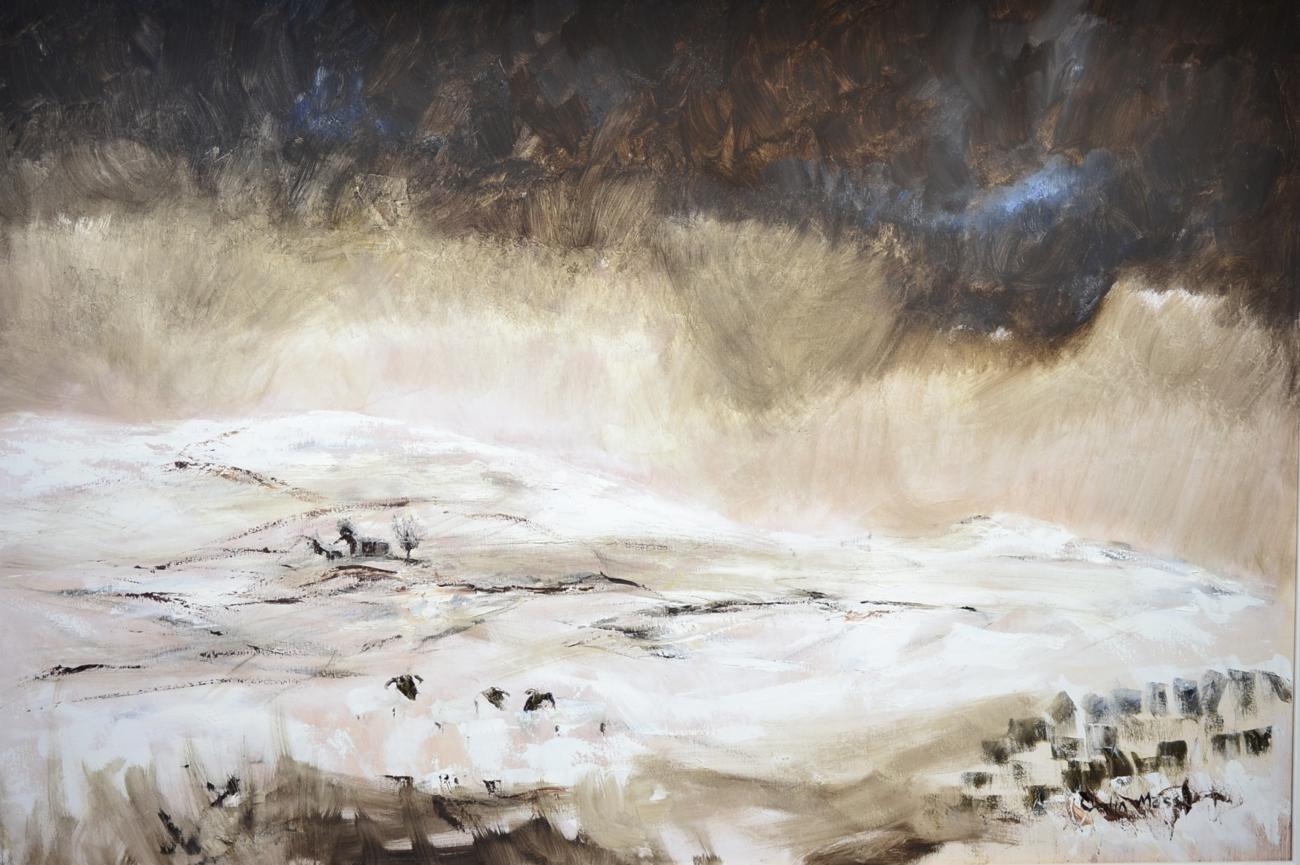 Colin Moss (b.1948) Sheep in a snowy landscape Signed, oil on canvas, 99.5cm by 150.5cm