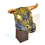 Kjell Janson (Contemporary) Swedish Bull Head Signed, ceramic with a tin glaze, mounted on a