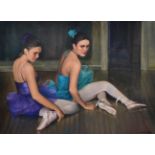 John Blakey (b.1952) Two ballerinas seated in a studio Signed and dated (19)98, watercolour, 52.