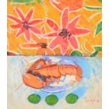 Mike Healey (Contemporary) ''Lobster and Three Limes'' Signed, inscribed verso, oil on canvas,