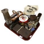 A quantity of collectors items including a miners lamp, two gun shot flasks, a corkscrew, wooden box