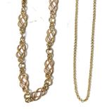 A 9 carat gold lovers' knot link chain necklace, length 41cm and a 9 carat gold fine belcher chain