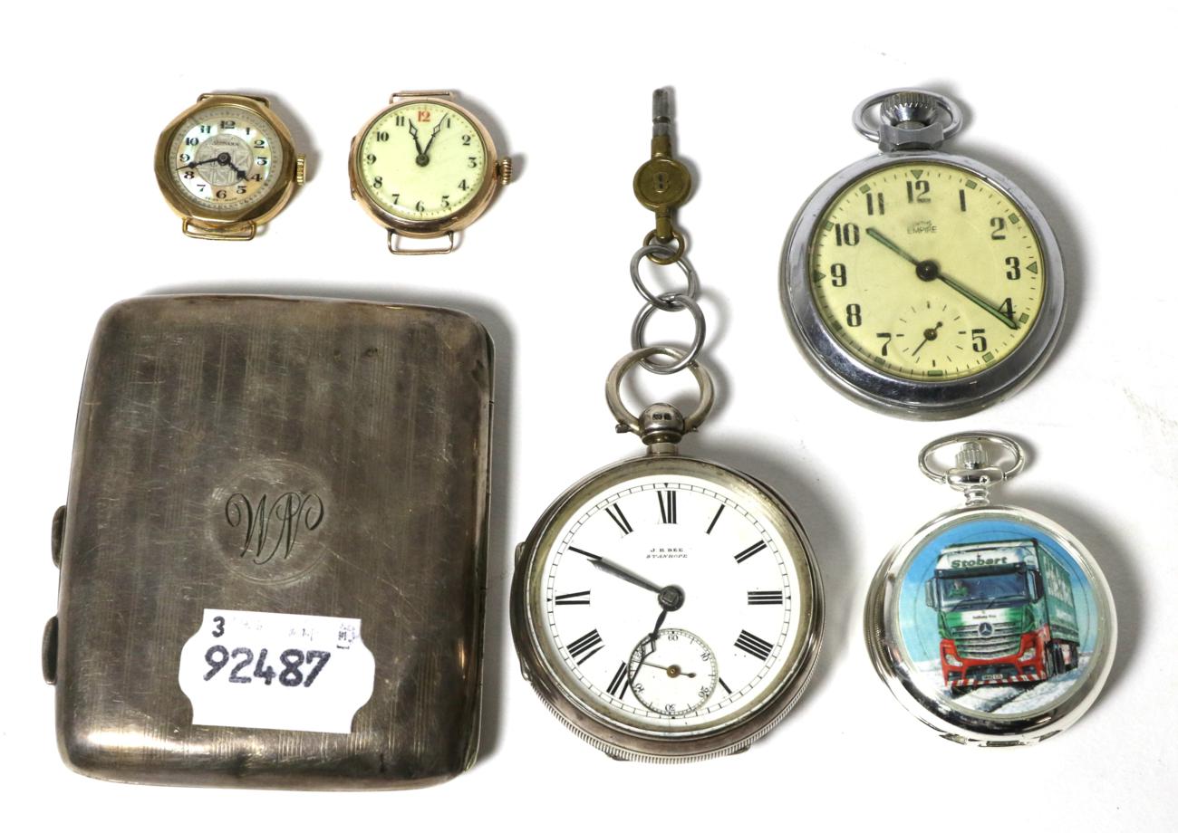 A silver pocket watch, two lady's 9 carat gold wristwatches, a silver cigarette case etc