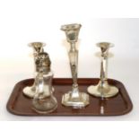 A pair of two silver mounted candlesticks and two other items