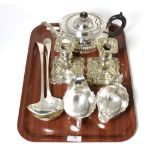 A pair of silver sauce boats; together with a group of electroplated items, comprising: a teapot