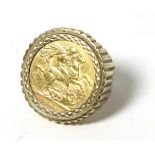 An Edward VII 1908 gold sovereign, loose mount in a 9 carat gold shank as a ring, finger size M16.6g