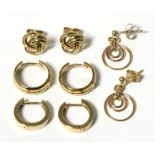 Four pairs of 9 carat gold earrings, comprising two pairs of hoop earrings, a pair of drop