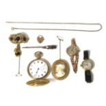 A gold plated Waltham full hunter pocket watch, two lady's wristwatches stamped 18 carat gold; a 9