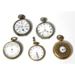 A gun metal triple calendar pocket watch and four other pocket watches