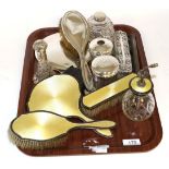 Four piece silver and enamel dressing table set; together with various other silver backed and