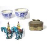 Two Chinese pottery models of figures on horseback, each signed etc