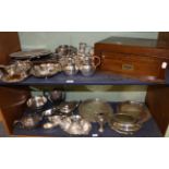 A part canteen of plated flatware together with various other silver plated items including trays,