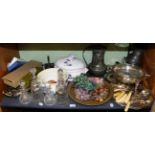 A small group of silver plate including trays and flatware together with pewter tappit hen,