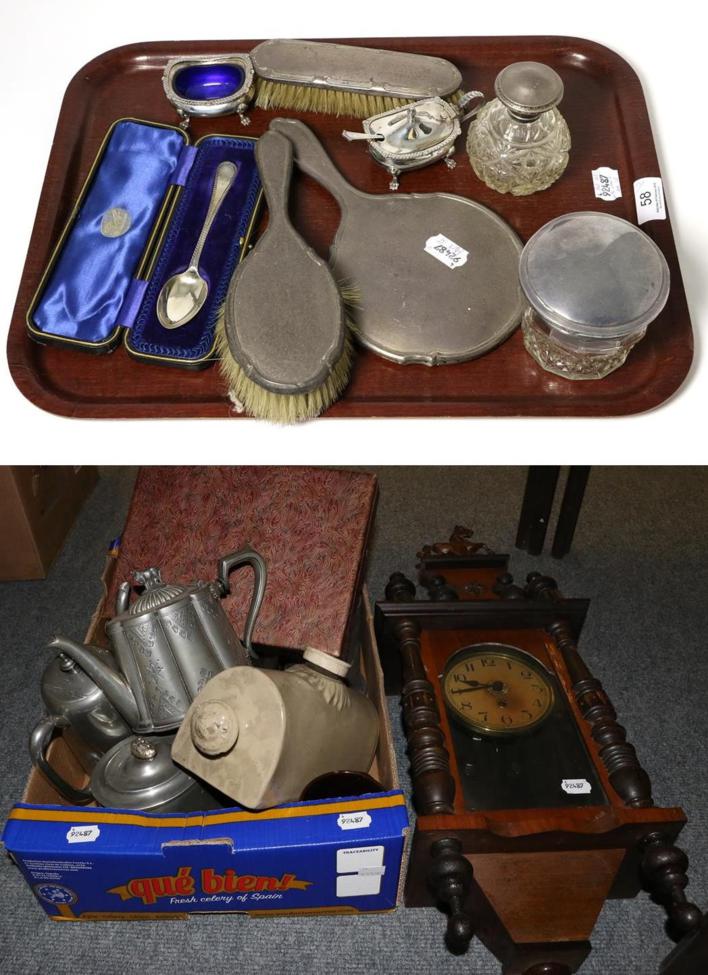 Two silver mounted glass bottles, three silver dressing table items, two brushes and a hand