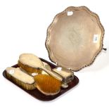 A Georgian style silver salver, part brush set, various dates and makers (6)