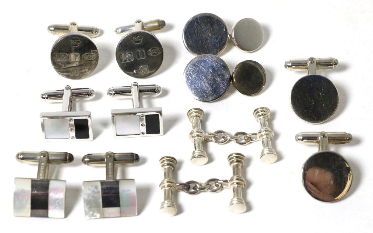 Six pairs of silver cufflinks, including a pair inset with mother-of-pearl, onyx and three diamonds,