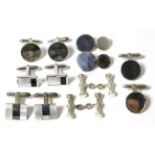 Six pairs of silver cufflinks, including a pair inset with mother-of-pearl, onyx and three diamonds,