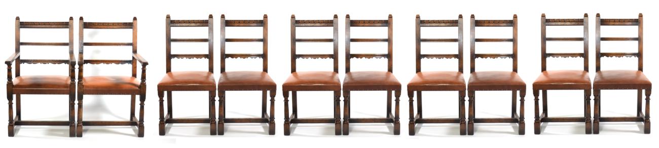 Titchmarsh & Goodwin: A Set of Ten Oak Ladder Back Dining Chairs, including two carvers, upholstered