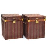 A Pair of Brown Leather Close-Nailed and Fabric Covered Travel Cases, each with hinged lids,